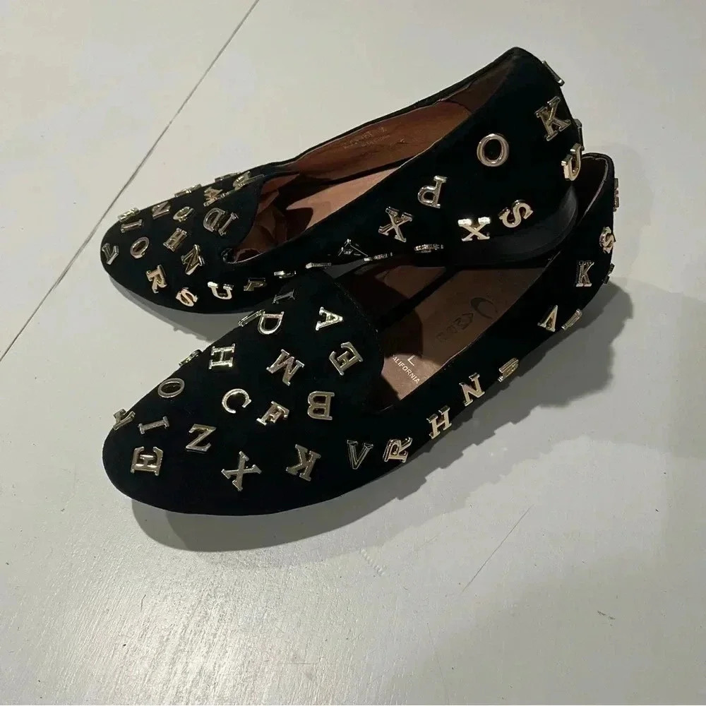 Jeffrey Campbell Black Loafers with Gold Letters